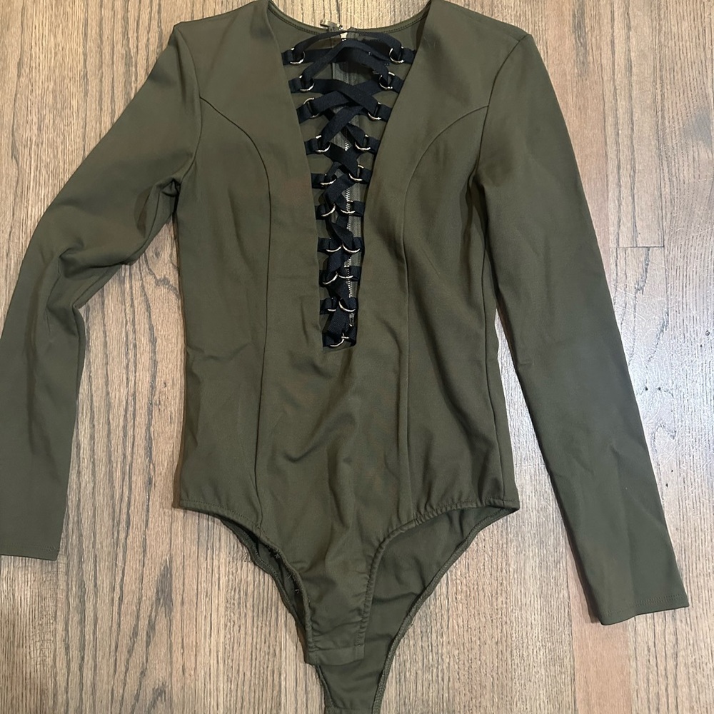 Nude Brand Army Green Lace Up Bodysuit-Size Medium